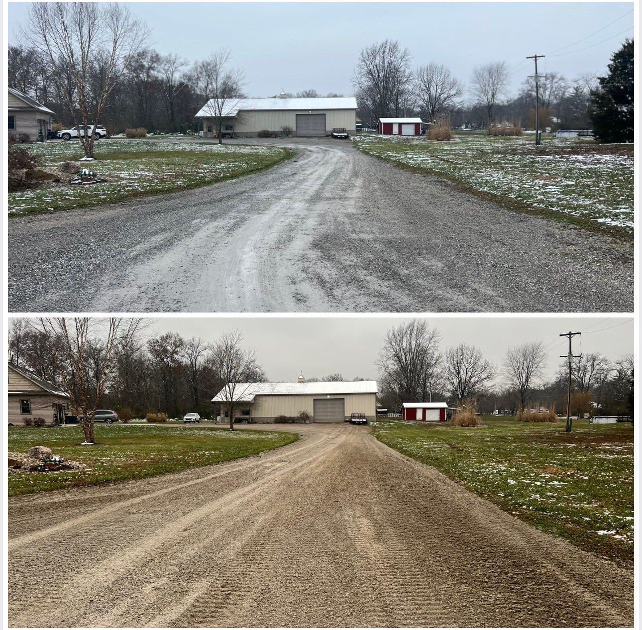 Before and after comparison of a gravel driveway showing improved surface and landscaping.