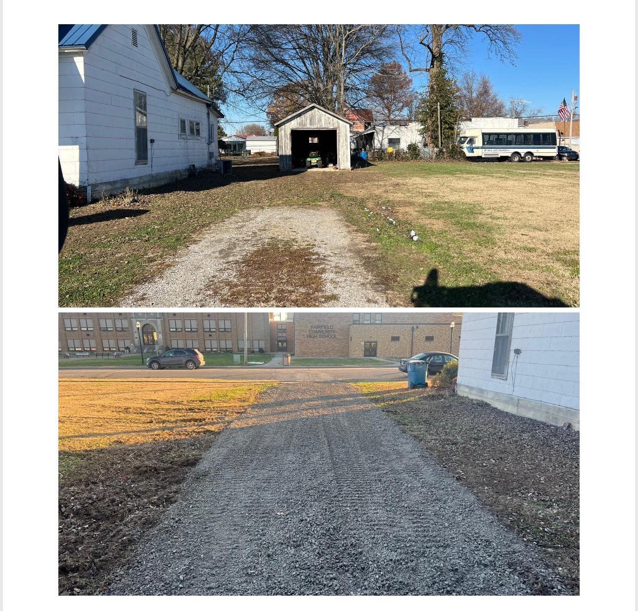 Before and after images of a gravel driveway renovation, showcasing improved landscaping.